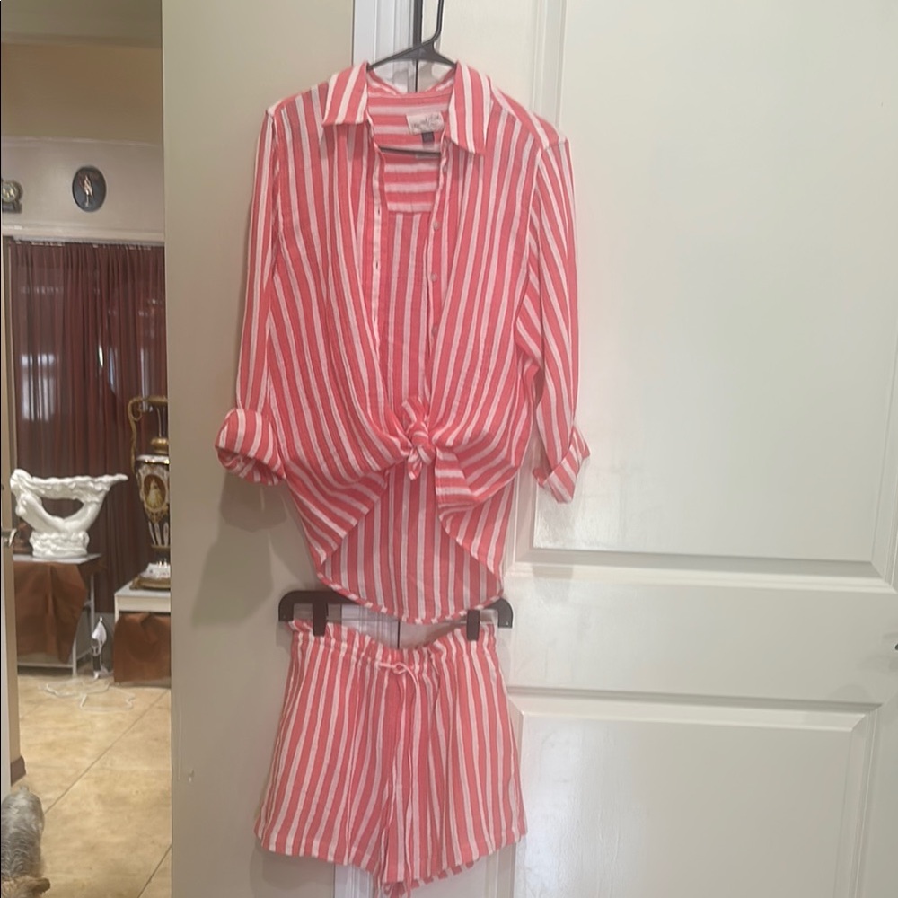 Universal Thread Coral and White Striped  matching  top and shorts, new.